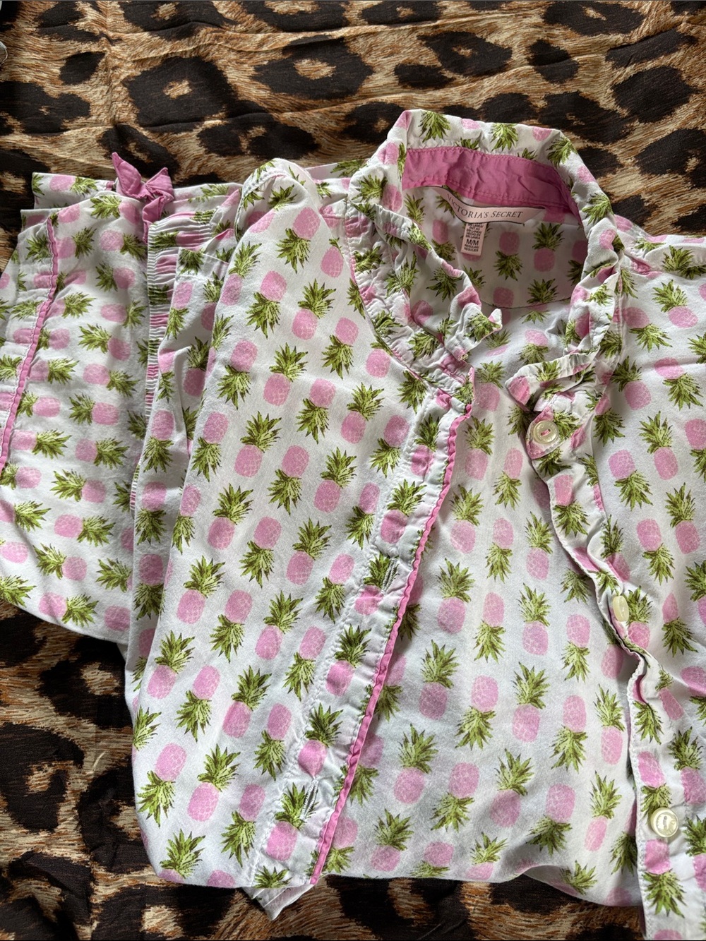 Victoria's Secret Womens White Pajama Set with Pink & Green Pineapples